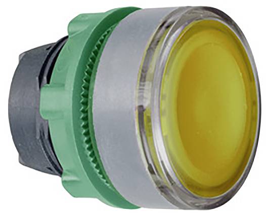 Rundes, gelbes Plastikknopf mit grünem und grauem Gehäuse, möglicherweise ein Schalter oder Druckknopf mit transparenter Abdeckung.