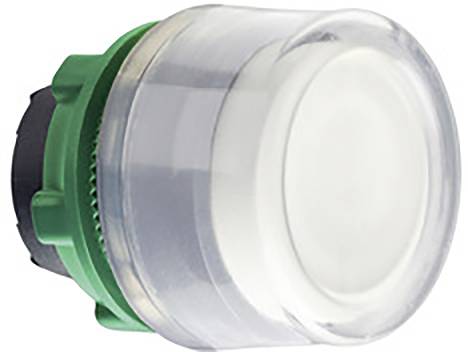 Eine runde, grün-weiße LED-Lampe mit einem transparenten Schutzgehäuse, vor einem neutralen Hintergrund. Sie sieht aus wie ein Signallicht.