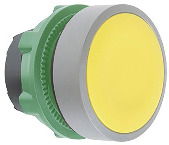 Großer, runder gelber Knopf mit silbernem Rand und grüner Basis.