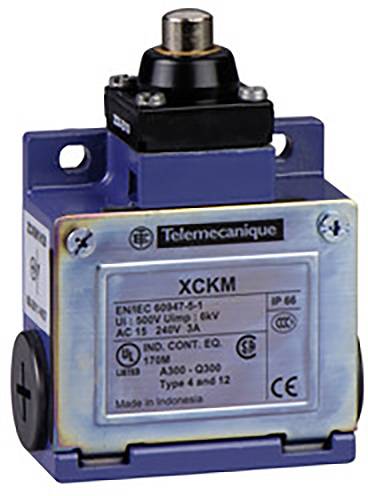 Industrieller Endschalter, rechteckiges Gehäuse, Modell XCKM, Marke Telemecanique, blaues Gehäuse mit Beschriftungsetikett.