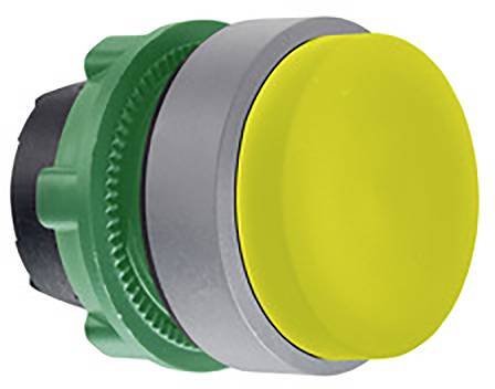 Gelber Druckknopf mit einem grünen und silbernen Gehäusering, in Vorderansicht.