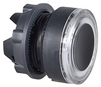 Ein runder, schwarzer Druckknopf mit durchsichtigem Rand, geeignet für Panels oder Steueranlagen, bietet taktiles Feedback bei Betätigung.