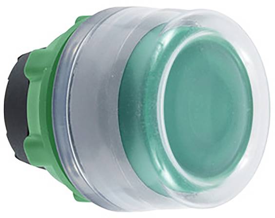 Grüner mechanischer Knopf mit transparenter Schutzkappe, geeignet für industrielle Anwendungen zur Maschinensteuerung.
