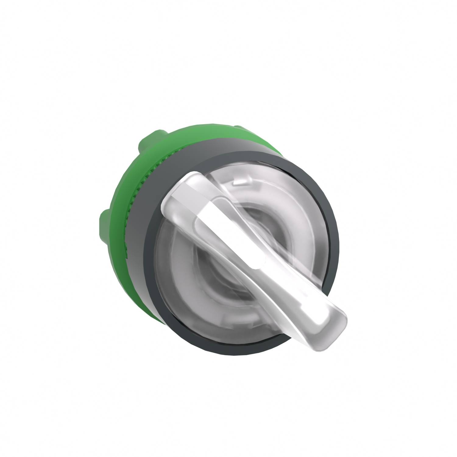 Eine grüne, runde Kunststoffkappe mit einem transparenten Hebel, vermutlich ein Verschluss oder Deckel.