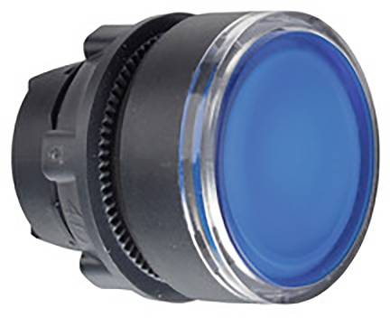 Blauer runder Druckknopf mit schwarzer Umrandung, geeignet für Industrieanwendungen.
