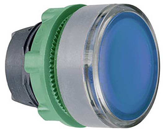 Ein blauer Druckknopf mit grünem Gehäuse und silbernem Rand. Der Knopf ist für den Einsatz in elektrischen Schaltungen konzipiert.