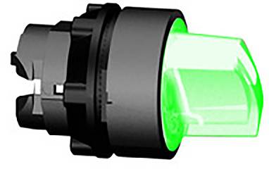 Schwarzer Schalter mit leuchtendem, grünem Knopf, zeigt an, dass er eingeschaltet oder aktiv ist.