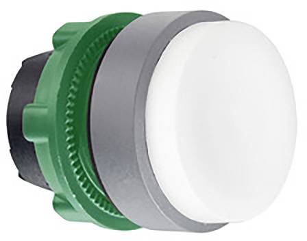 Ein runder Druckknopf mit einem weißen Knopf, grünem Plastikgehäuse und grauem Ring, häufig in elektronischen Steuerungen verwendet.