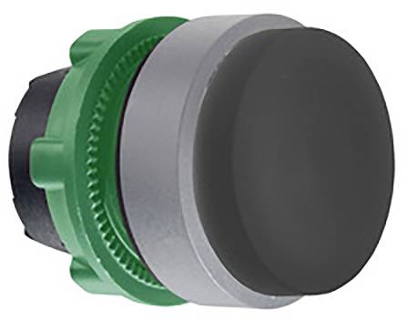 Ein runder, großer, schwarzer Druckknopfschalter mit grünem und silbernem Gehäuse, möglicherweise Teil eines Maschinensteuerungssystems.