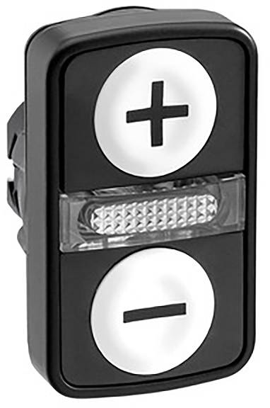 Schwarz-weißer Schalter mit Plus- und Minus-Symbolen, zur Erhöhung oder Verringerung einer Funktion wie Lautstärke oder Intensität.