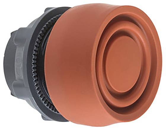 Ein roter, runder Knopf mit einem schwarzen, gezahnten Rand, möglicherweise ein Teil eines mechanischen oder elektronischen Geräts.