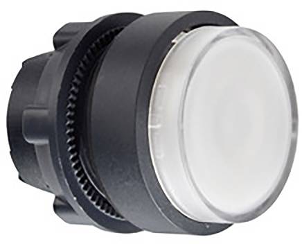 Schwarzer und transparenter runder Druckknopf, seitliche Ansicht, für industrielle Steuerungsanwendungen.