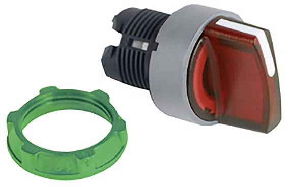 Roter Drehschalter mit silbernem Rand, abgenommenem Griff und grünem Ring. Geeignet für Maschinen- oder Schalttafelbedienung.