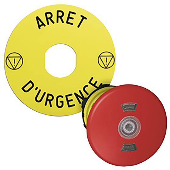 Not-Aus-Knopf mit roter Taste und gelbem Hintergrund, beschriftet mit 'Arret d'urgence', weist auf Notabschaltung in französischer Sprache hin.