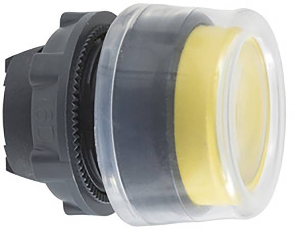 Gelber, runder Druckknopf mit transparenter Schutzkappe, eingebaut in einen grauen Halter. Verwendet für Maschinensteuerungen.