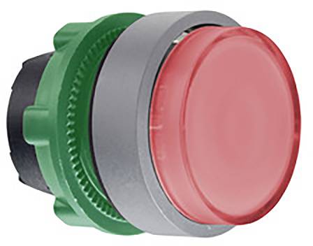 Großer roter Knopf mit grünem Rand, oft als Not-Aus-Schalter verwendet.