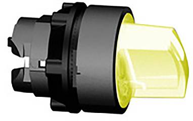 Gelbe LED-Leuchte mit schwarzer Halterung, seitlich abgebildet. Geeignet für elektronische Geräte und Maschinen.