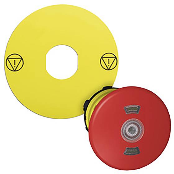 Roter Not-Aus-Schalter mit gelbem Ring, Warnsymbole.