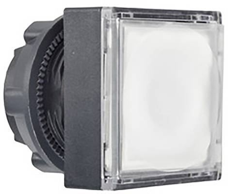 Ein quadratischer Druckknopf mit transparenter Abdeckung und schwarzer Grundplatte, geeignet für Industriemaschinen oder Steuerfelder.