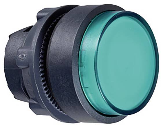 Ein grüner Druckknopf mit schwarzem Gehäuse, häufig verwendet zur Aktivierung von Maschinen oder Geräten in industriellen Anwendungen.