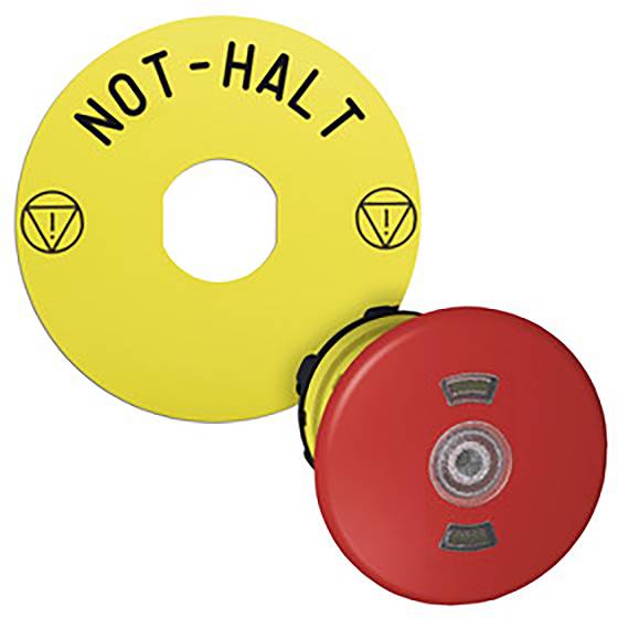 Ein kreisförmiger roter Not-Halt-Knopf mit gelber Basis und schwarzer Aufschrift 'NOT-HALT', umgeben von gelben Kreisen mit Warnsymbolen.