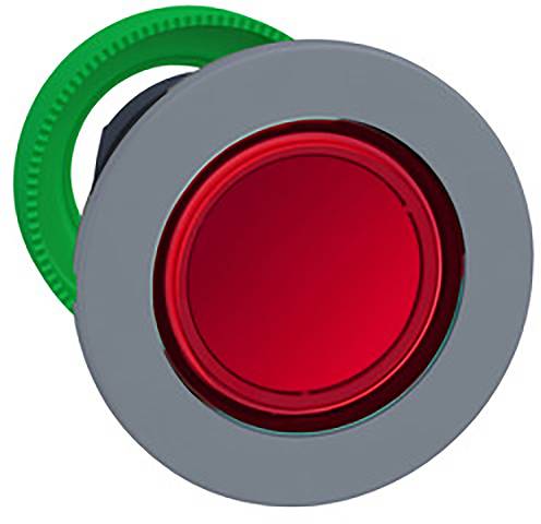 Roter Sicherheits-Stopptaster mit grünem Befestigungsring, symbolisiert Notabschaltung in Maschinensteuerung.