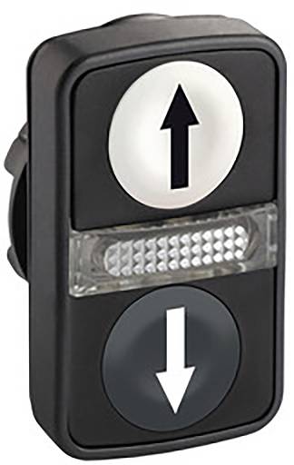 Hoch- und Runter-Pfeiltasten auf einem schwarzen Schalter, häufig in Aufzügen verwendet, um die Richtung auszuwählen.