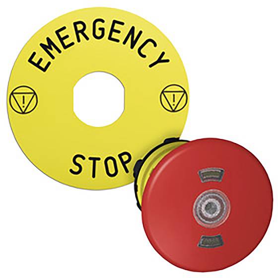 Roter Not-Aus-Schalter mit gelbem Hintergrund, der 'EMERGENCY STOP' anzeigt, zum schnellen Anhalten von Maschinen im Notfall.