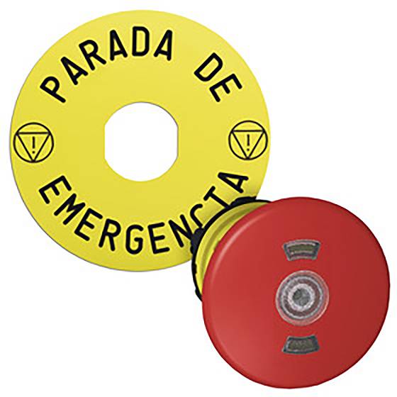 Ein Not-Aus-Knopf mit gelbem Schild trägt die Aufschrift 'PARADA DE EMERGENCIA' und zeigt Gefahrensymbole in Schwarz.
