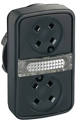 Ein schwarzer Adapter mit zwei runden Steckdosen und einem rechteckigen Licht in der Mitte, zur Beleuchtung in dunklen Umgebungen.