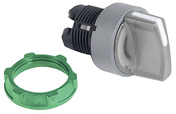 Schwarz-silberner Drehknopf mit durchsichtigem Schalterkopf, daneben ein grüner Plastikring. Der Knopf scheint für Elektronik zu sein.