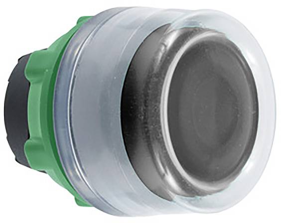 Ein runder, schwarzer Druckknopf mit grünem Rand und transparenter Schutzkappe. Geeignet für Maschinensteuerungen oder Fahrstühle.