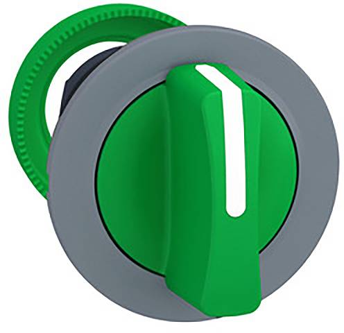 Ein grüner Drehknopf mit weißem Pfeil zeigt nach oben. Der äußere Ring ist grau mit geriffelter Oberfläche für besseren Halt.
