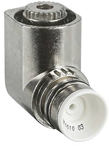 Metallischer Koaxialstecker in einer 90-Grad-Winkelbauweise. Er wird häufig in Antennen- oder Kabelverbindungen verwendet.