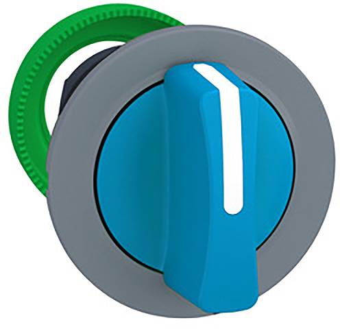 Ein blauer Drehknopf auf einer grauen Basis, umgeben von einem grünen Ring. Der Knopf zeigt nach oben und wird für Steuerungszwecke verwendet.