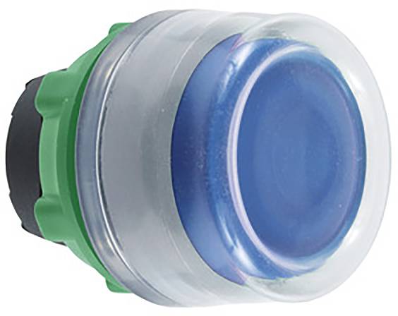 Ein großer runder Druckknopf, blau in der Mitte, umgeben von einem grünen Ring. Der Knopf hat eine transparente Außenkante.