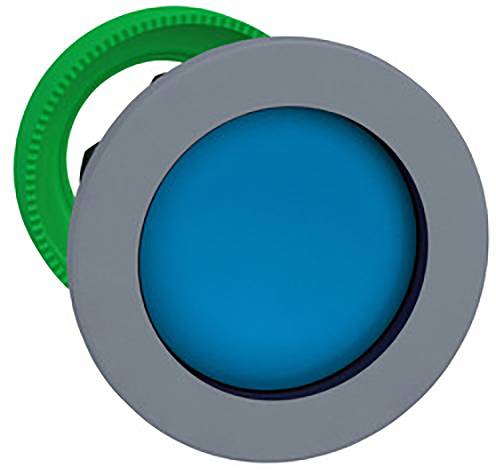 Ein runder blauer Knopf mit grauem und grünem Rand, möglicherweise für eine elektronische oder mechanische Steuerung gedacht.