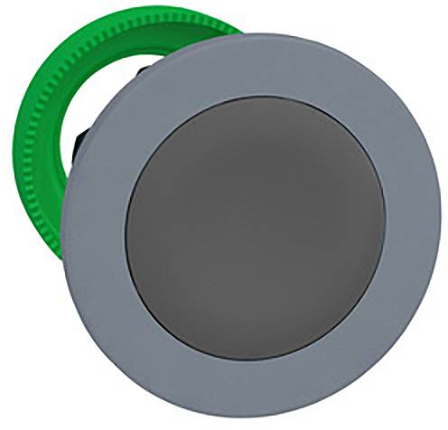 Grauer runder Knopf mit grünem Innenring auf weißem Hintergrund. Funktion oder Kontext sind nicht spezifiziert.