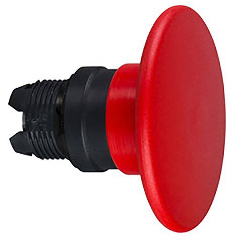 Roter Not-Aus-Taster, rund, hervorgehoben, auf schwarzem Sockel. Entworfen zur schnellen Abschaltung von Maschinen in Notfällen.