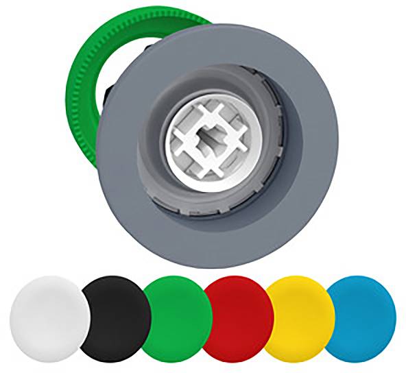 Ein runder, grauer Kunststoffverschluss mit einer grünen Dichtung, zeigt die Option verschiedener farbiger Kappen: weiß, schwarz, grün, rot, gelb, blau.