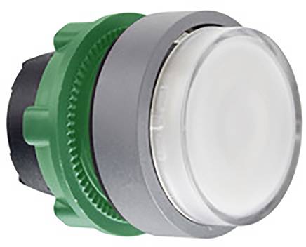 Ein runder Knopf mit einem grünen Kragen und einem transparenten Deckel, geeignet für mechanische oder elektronische Geräte.