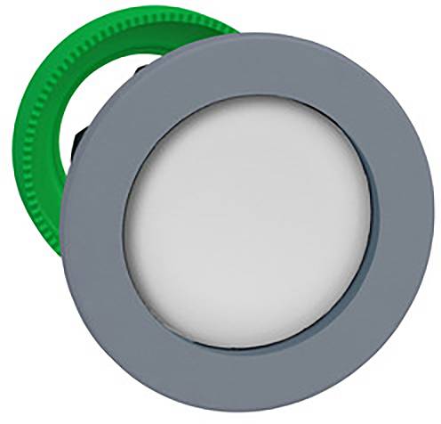 Eine runde, graue Leuchte mit einem weißen Lichtdiffusor und einem grünen Haltering, zeigt eine minimalistische Beleuchtungsstruktur.