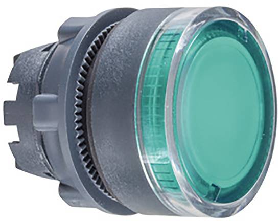 Grüner Druckknopf mit transparentem Rand, montierbar auf Schalttafel; für Maschinensteuerung oder als Start-/Stopptaste geeignet.