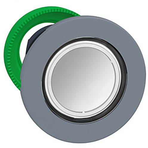 Ein kreisförmiger grauer Druckknopf mit einem grünen Ring auf der Rückseite.