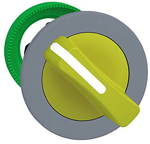 Ein runder, gelber Drehschalter auf grauem Hintergrund. Der Schalter ist eingeschaltet und von einem grünen Ring umgeben.