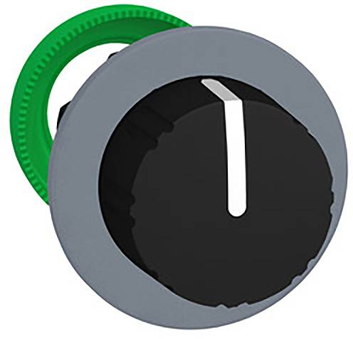 Ein graues Drehknopf-Bedienelement mit einem weißen Markierungsstreifen und grünem Ring, geeignet für Maschinen oder Gerätebedienung.