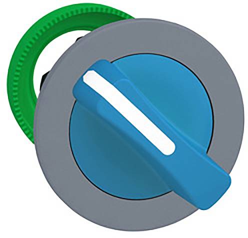 Blauer Hebel mit grünem Ring auf grauer Basis. Hebel in vertikaler Position, symbolisiert möglicherweise Ein/Aus-Funktion.