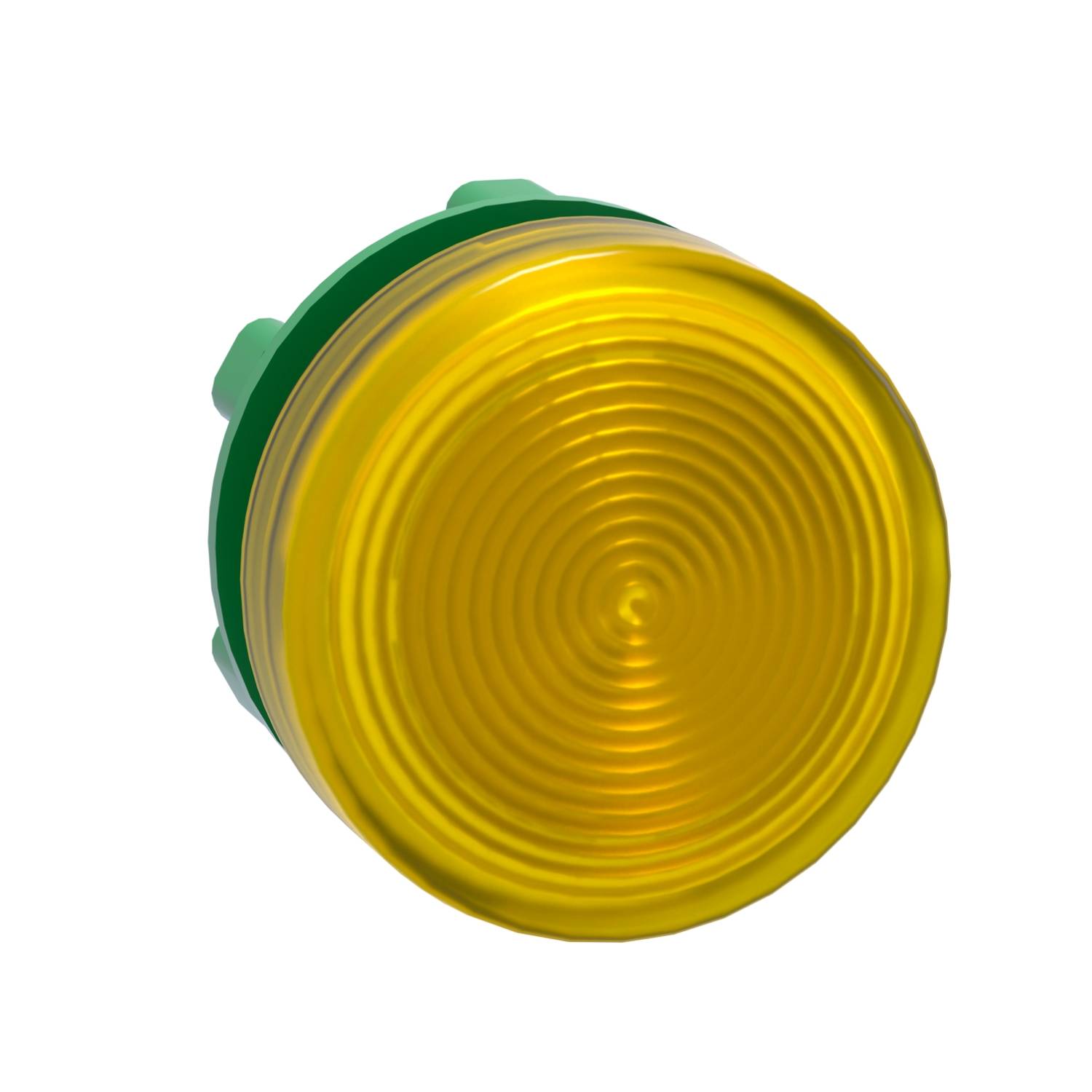 Gelber Druckknopf mit kreisförmigem Muster auf einer grünen Halterung, symbolisiert oft Aktivierung oder Bestätigung in technischen Geräten.