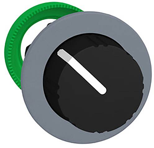 Ein schwarzer Drehknopf mit weißem Markierungsstreifen ist auf einem grauen Sockel montiert. Ein grüner Ring befindet sich dahinter.