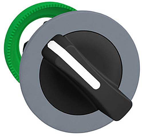 Eine graue Schalterdrehknopf mit einem schwarzen Griff wird von einem grünen Ring umgeben. Der Griff zeigt nach unten rechts.